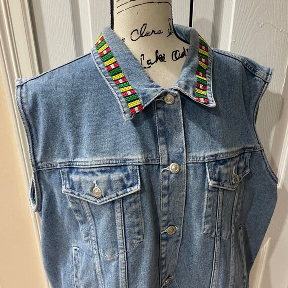 DENIM VEST Y2K 90’s COLORFUL EMBROIDERED Sz 22W BIKER ROCK HIPPIE AESTHETIC - Picture 7 of 14